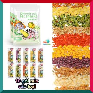 Thức ăn sấy khô gồm : cá hồi, tôm, khoai lang, cà rốt gói nhỏ 3g