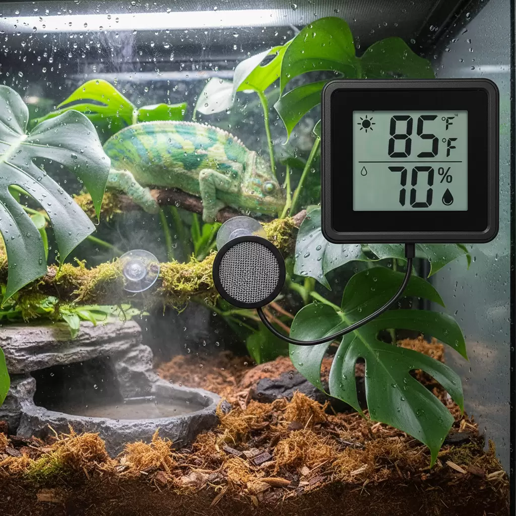 Thiết bị đo nhiệt độ và độ ẩm là vật dụng không thể thiếu trong bể nuôi