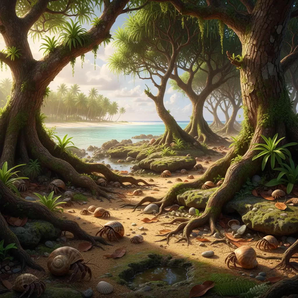 Môi trường sống tự nhiên của ốc mượn hồn Brevimanus tại các khu rừng ven biển nhiệt đới