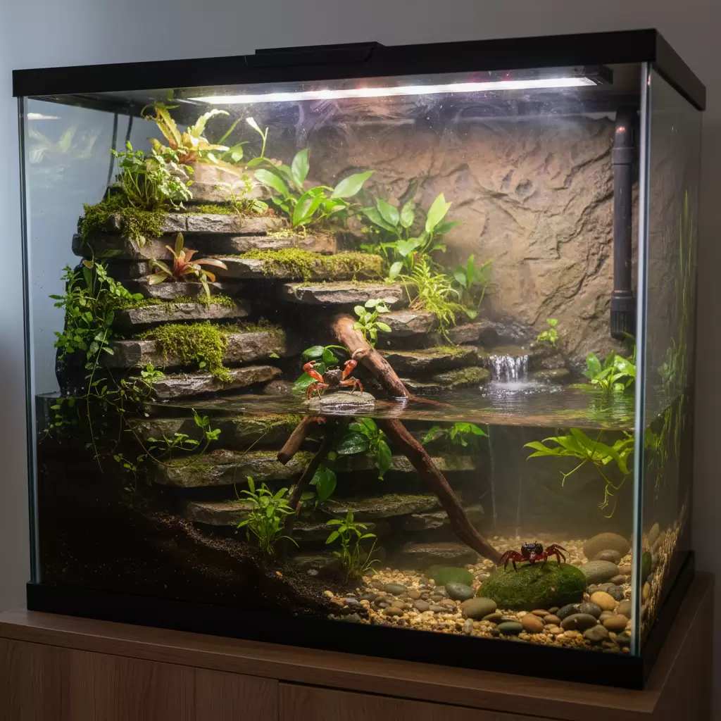 Bố cục môi trường bán cạn lý tưởng cho cua cảnh mini