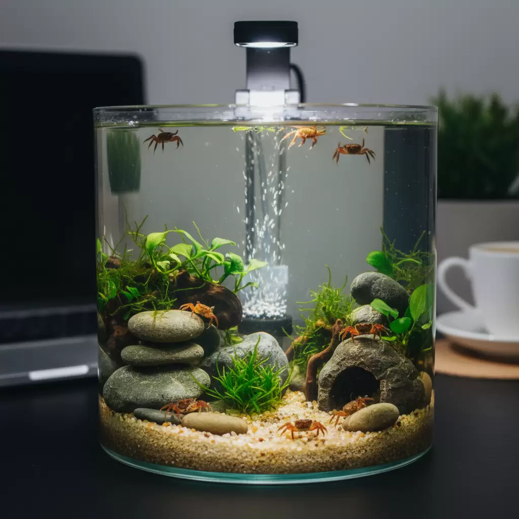 Mẫu bể nuôi cua cảnh mini được setup chuyên nghiệp và đẹp mắt