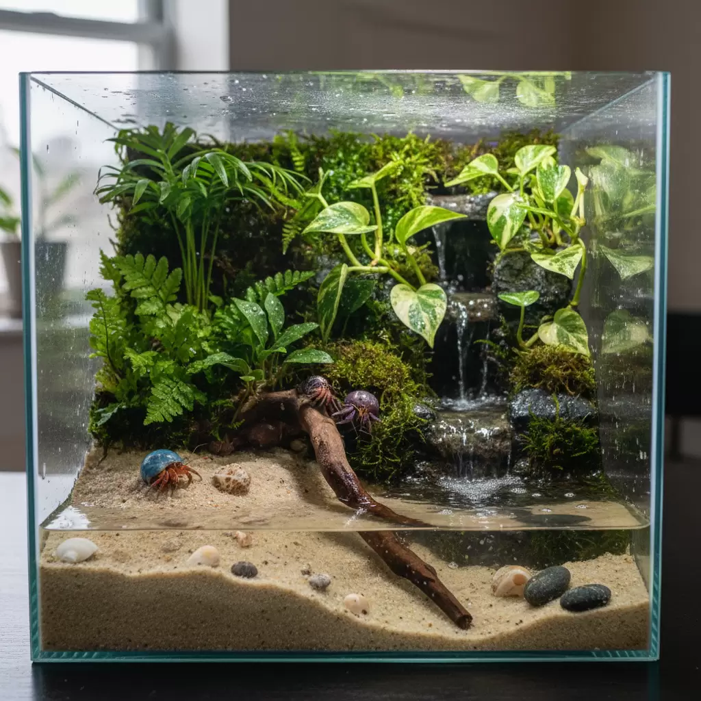 Một mẫu thiết kế bể bán cạn mini cho ốc mượn hồn đẹp mắt và đầy đủ tiện nghi