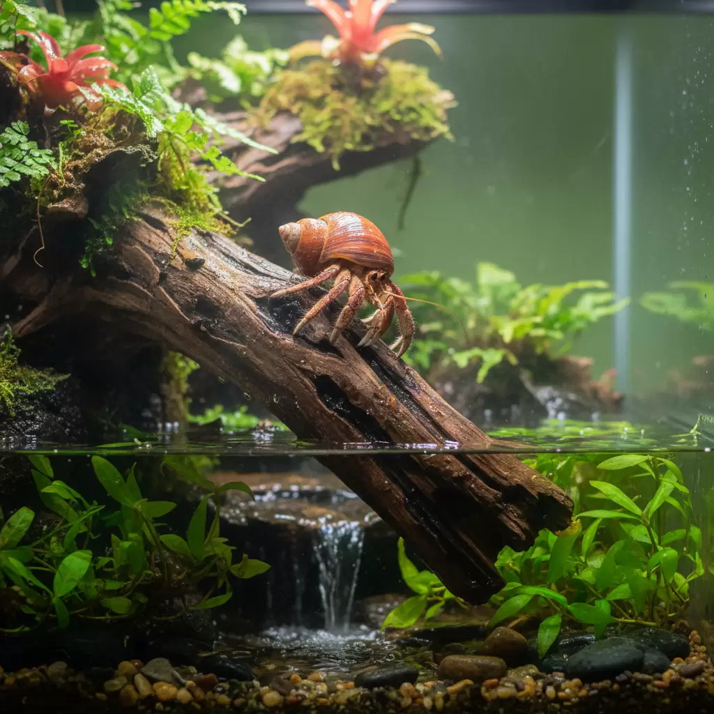 Trang trí gỗ lũa và hang đá giúp ốc mượn hồn có không gian leo trèo tự nhiên