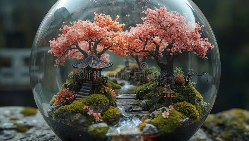Một tác phẩm Terrarium Sakura Ốc Strawberry Cây Anh Đào Nhật đầy tính nghệ thuật và tinh tế