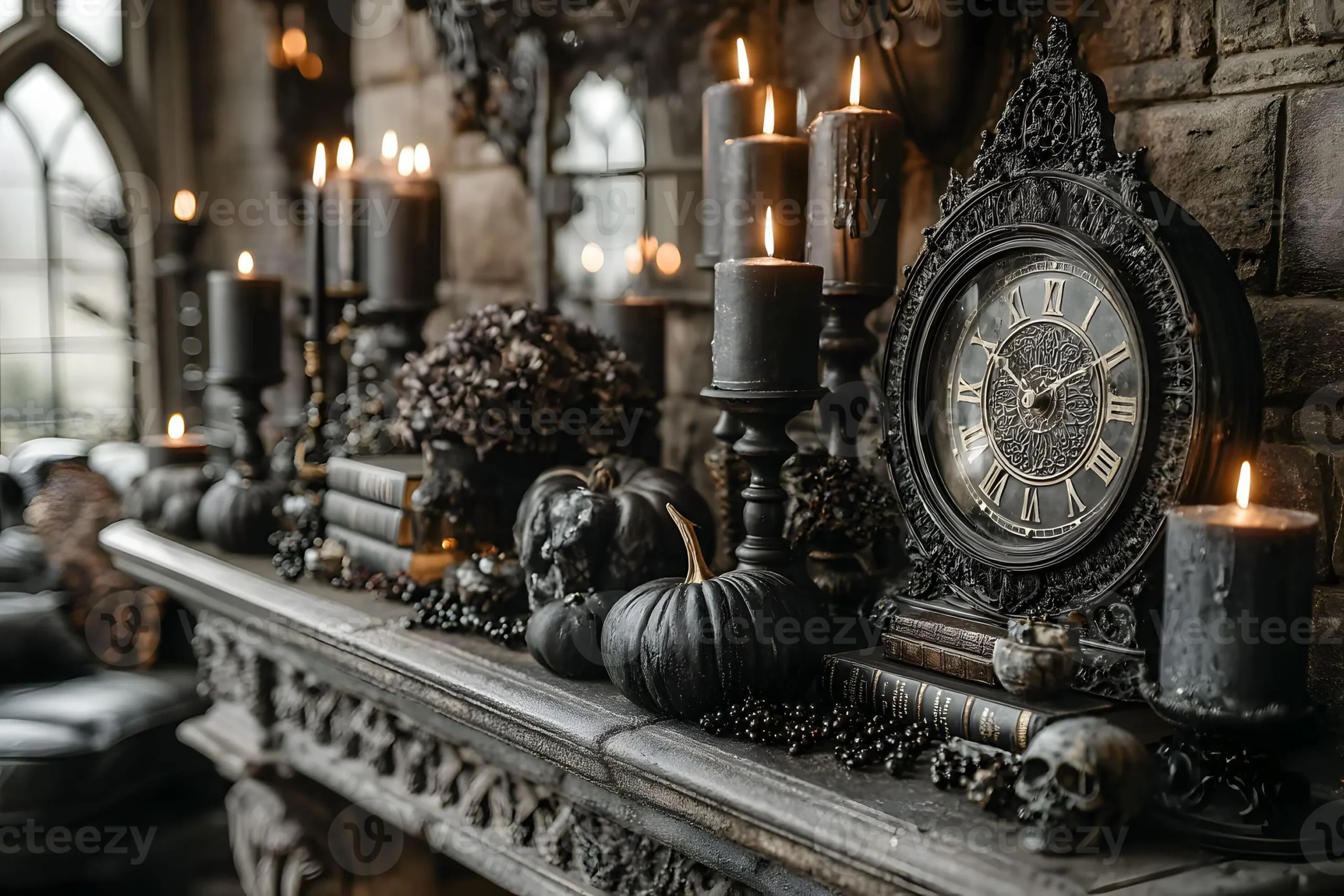gothic-halloween-decor-with-black-pumpkins-and-candles-on-antique-mantel-photo-scaled-1 Sắc đen nhám Midnight Black mang đến vẻ đẹp đầy ma mị và đẳng cấp cho mùa Halloween