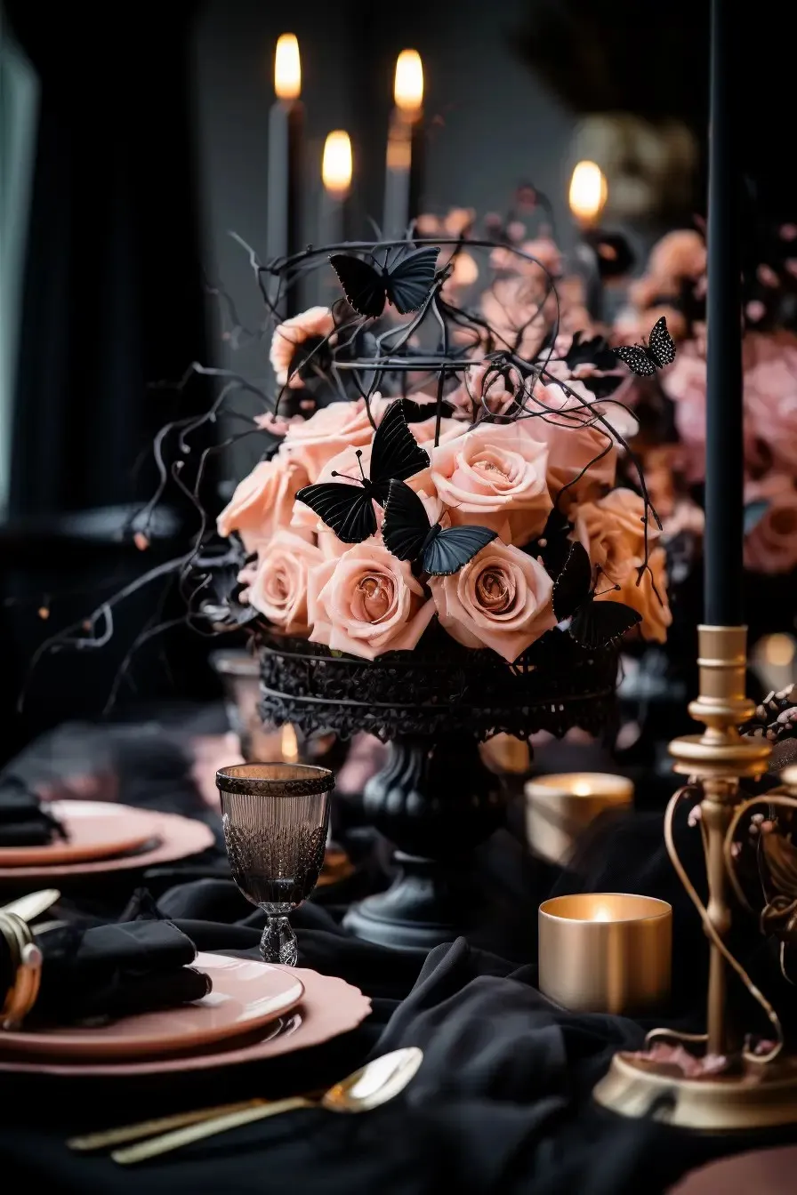 halloween-tablescape-pink-floral-centerpiece Sự kết hợp giữa đen nhám và các yếu tố Gothic tạo nên phong cách Halloween thượng lưu